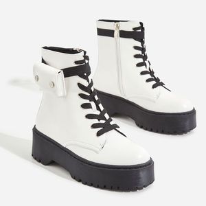 White Leather Combat Moto Boots